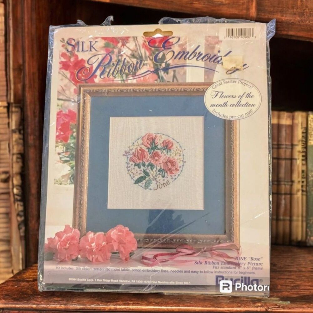 BUCILLA Silk Ribbon Embroidery Kit Flower of the Month June ROSE Vintage 1995